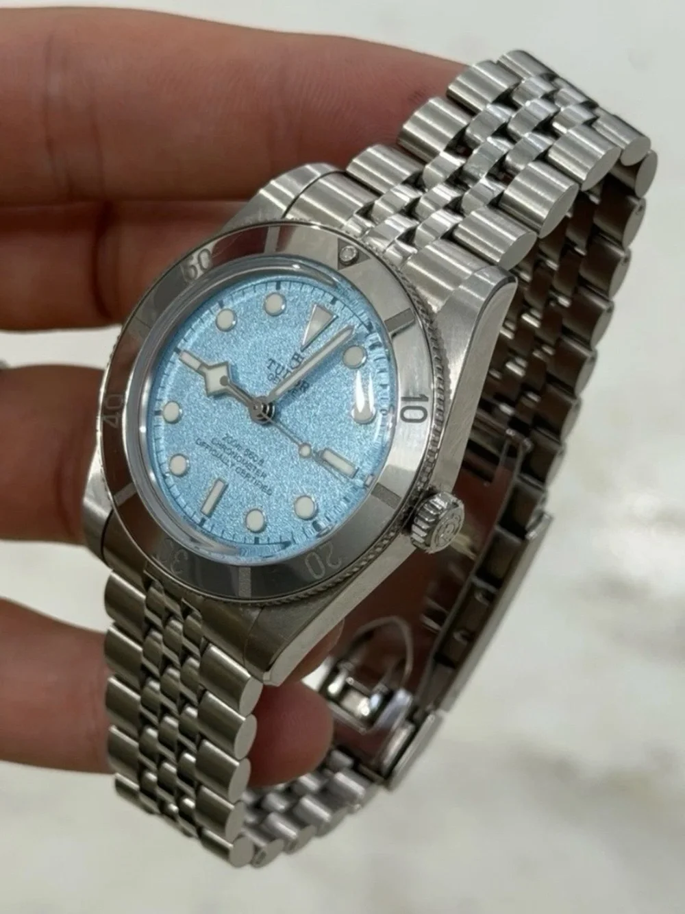 Tudor Stainless Steel Watch with Ice Blue Dial and Jubilee Bracelet